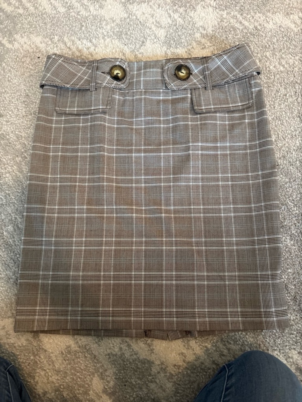 BCX Plaid Pencil Skirt in Brown and Cream with Button Detail
